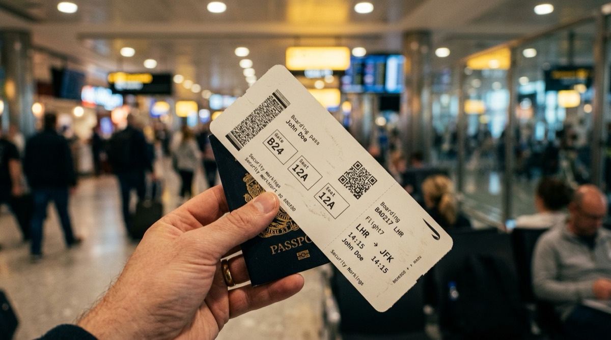 Hand holding a passport and boarding pass at a busy airport terminal gate.
