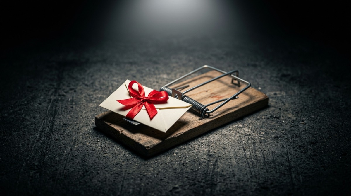 A wooden mousetrap baited with a paper envelope representing email verification traps.