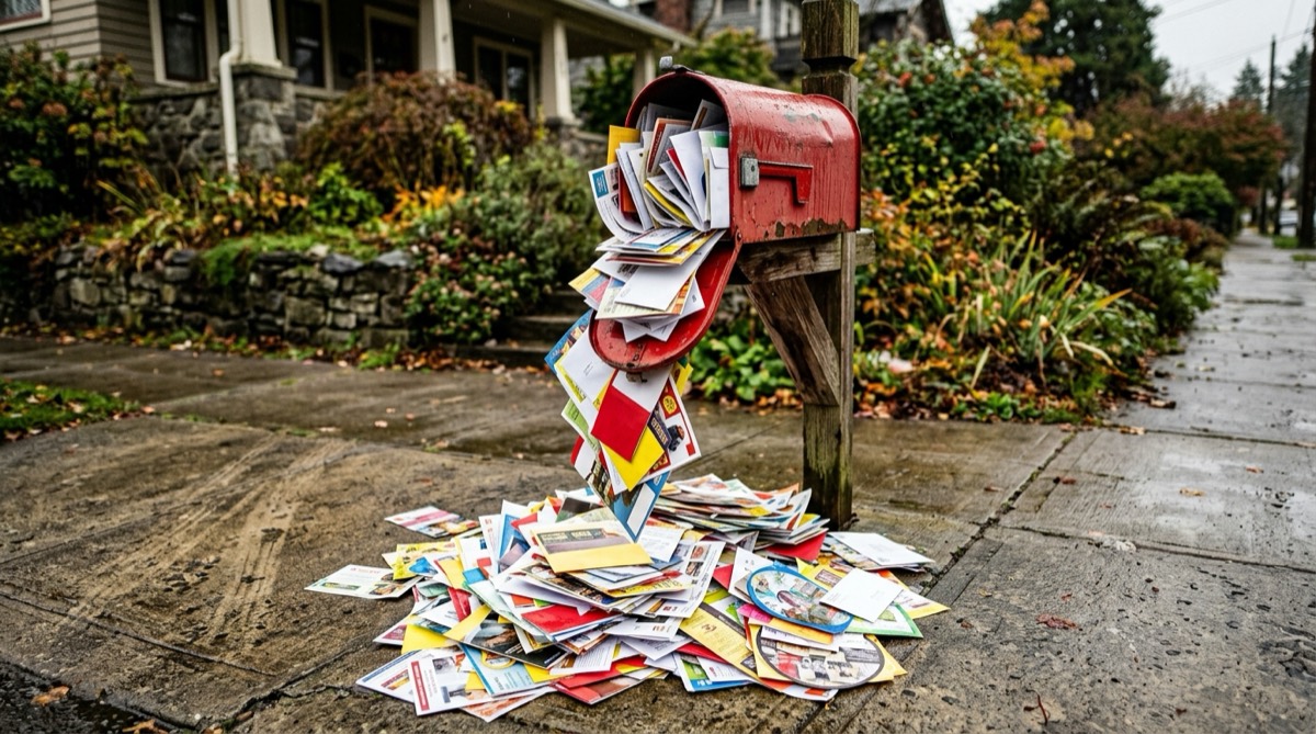 Red mailbox overflowing with colorful junk mail and promotional flyers on concrete.