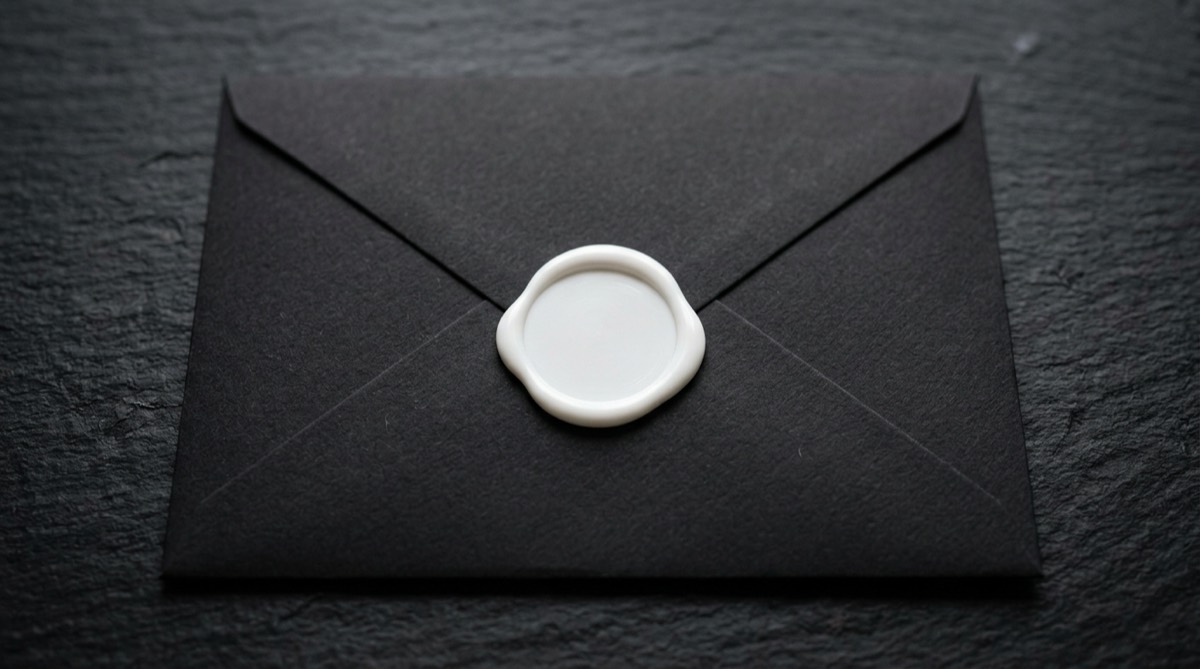 Blank white wax seal on a black envelope symbolizing anonymous communication.