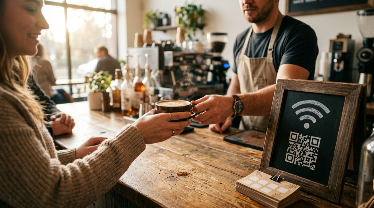 A coffee shop counter with a Wi-Fi symbol sign and paper loyalty punch cards.