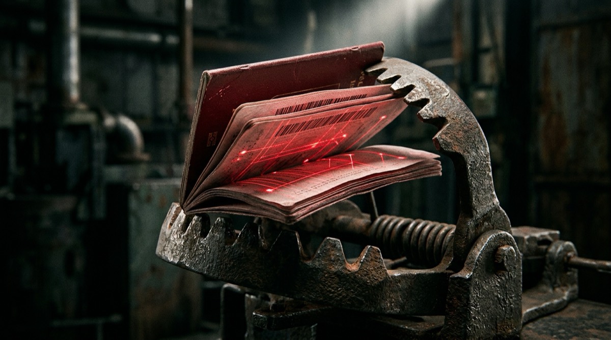 Worn passport glowing with red barcodes caught tightly inside a steel mechanical trap.