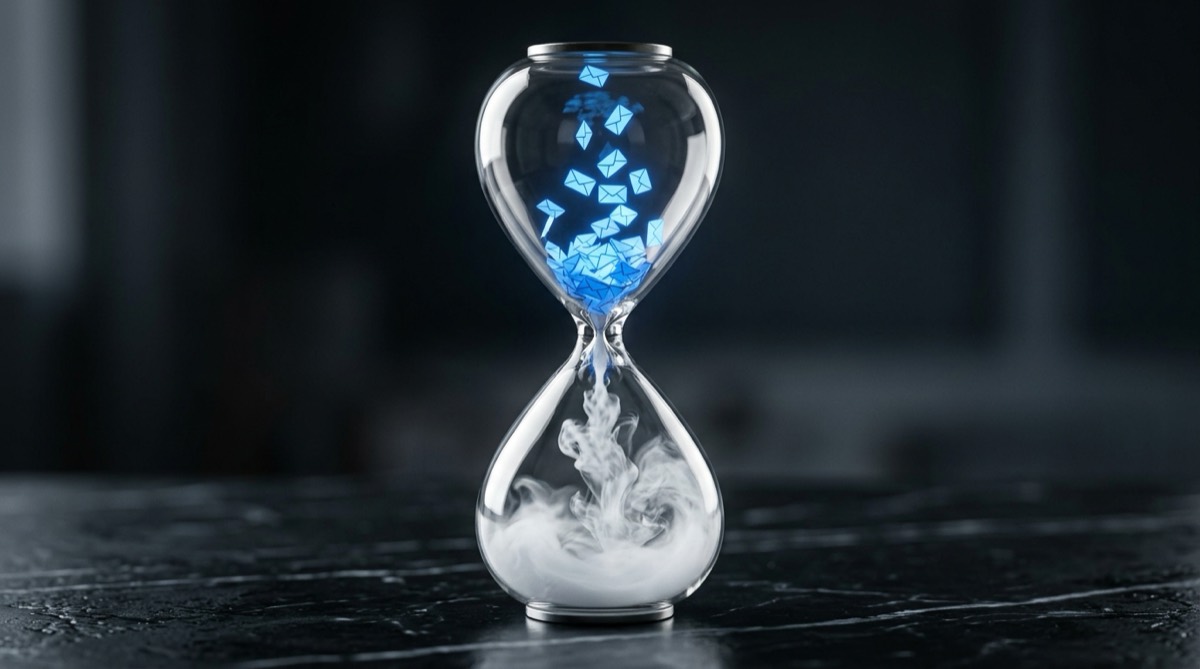 Modern hourglass where glowing blue envelopes turn into smoke as they fall.